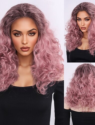  人工毛ウィッグ ウェーブ アフロキンキー アシメントリー・ヘアカット バング付き 機械製 かつら 20 インチ A1 合成 女性用 クラシック 厚型 快適 ピンク