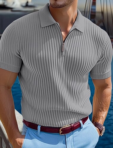  Herren Reißverschluss-Polo Golfshirt Urlaub Lässig Revers Viertelreißverschluss Kurzarm Mode Basic Einfach Gerippt Viertel Postleitzahl Sommer Schmale Passform Hellblau Weiß Marineblau Grau