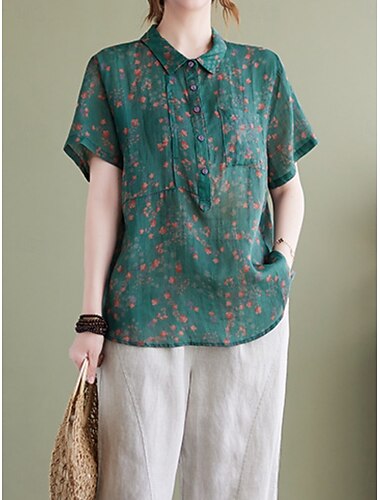  Damen Baumwoll-Leinen-Hemden Blumen Basic Lässig Kurzarm Hemdkragen Normale Oberteile Täglich Knöpfe Druck Blau Grün Sommer