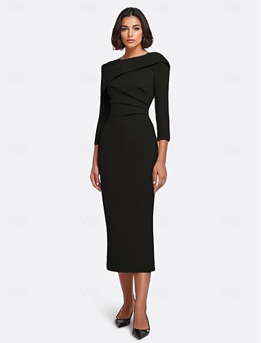  Abiti da Cocktail Sheath  Colonna Abito Elegante Formale Ospite di Matrimonio Lunghezza Caviglia Manica 3/4 Senza Spalle Crepe Elasticizzato con Ruches