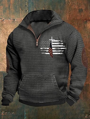  Homme Sweat-shirt Sweat-shirt quart de fermeture éclair Noir bleu marine Bleu Vert Gris Demi-zip Drapeau national Avec Poches Sport & Loisir Quotidien Fête Polyester Streetwear Basique Occasionnel