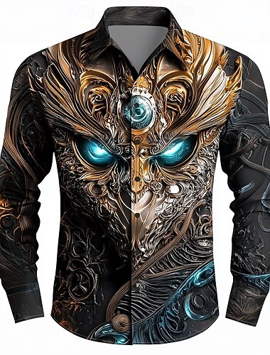  Hombre Gótico cibernético Camisa Abotonar la camisa Manga Larga ciberpunk Festivos Ropa de calle Verano Primavera Cuello Vuelto Impresión 3D camisas con cuello Negro