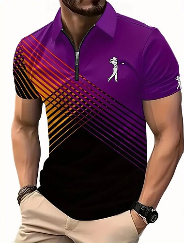  Herren Sport-Poloshirts Lässig Sport Umlegekragen Kurzarm Sport Linie Reißverschluss Sommer Violett Rubinrot Gelb Sport-Poloshirts