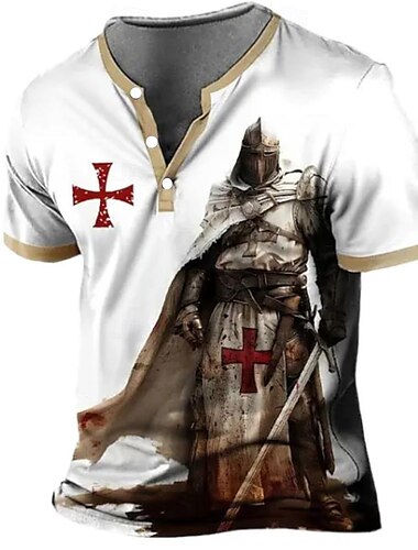  男性用 テンプル騎士団 Tシャツ ヘンリーシャツ 半袖 デザイナー レトリ／ヴィンテージ カジュアル ストリート カジュアル 日常 夏 春 ホワイト ヘンリー ヘンリーTシャツ