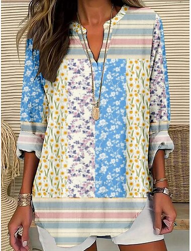  Dam Blus Blommig Stylish Modern Långärmad V-hals Vanliga toppar Dagligen Helgdag Mönster Svart Vit Sommar