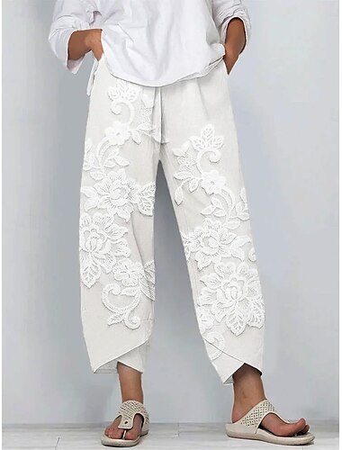  Women's Chinos Baggy Pants Vacation Vintage Ethnic Style Ankle-Length High Waist Floral Graphic 3D Patchwork Embroidered Pocket Breathable Micro-elastic Vacation Street Causal rice white White Khaki