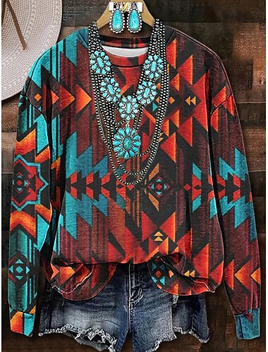  Damen Sweatshirts Grafik Geometrisch Lässig Langarm Rundhalsausschnitt Normale Oberteile Straße Alltagskleidung Druck Blau Orange Braun Herbst Winter