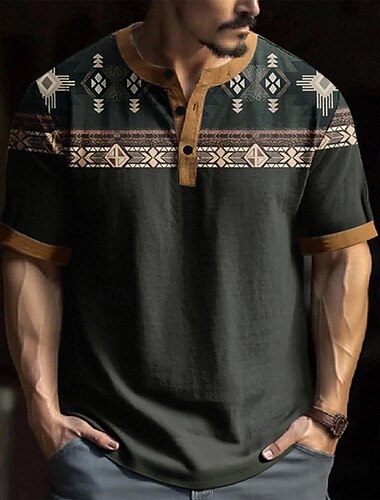 Homens Geométrica Étnico Camiseta Camisa Henley Manga Curta Designer Retro Vintage Casual Rua Casual Diário Verão Primavera Preto Henley Camiseta Henley   Homens Geométrica Étnico Camiseta Camisa Henley Manga Curta Designer Retro Vintage Casual Rua Casual Diário Verão Primavera Preto Henley Camiseta Henley