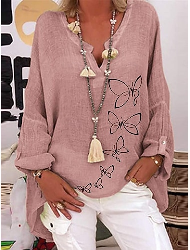  Femmes Chemises en coton et lin Papillon Basique Occasionnel manche longue Col de chemise Hauts Réguliers Quotidien Imprimé Blanche Rose Claire bleu marine Violet Vert Été Automne