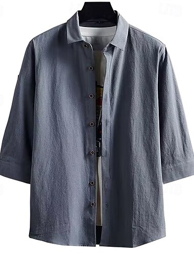  Herren Hemd Leinenhemd Freizeithemd Knopfhemd Baumwollhemd Einfach Urlaub Hawaiianisch Weiß Marineblau Armeegrün Dunkelgray Dreiviertelarm Revers Sommer Frühling Bekleidung