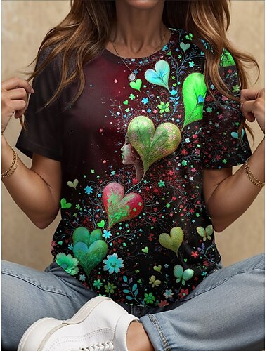  Damen T Shirt Herz Blumen Grafik Vintage Stilvoll Klassisch Kurzarm Rundhalsausschnitt Rundhals Normale Oberteile Täglich Druck Rosa Rote Blau Purpur Braun Sommer