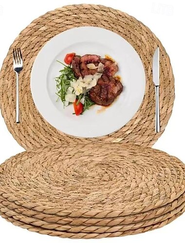  5-teiliges rundes Rattan-Tischset, 13 Zoll große, natürliche, handgewebte Seerosen-Tischsets für den Esstisch, Tischsets im rustikalen Stil für die Heim- und Hochzeitsdekoration