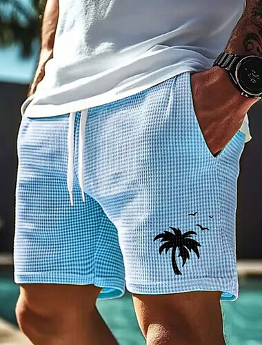  Homme Cocotier Plantes Tropicales Short gaufré Shorts de survêtement Short décontracté Taille Moyenne Mode Décontractée Vacances Jogging Entraînement Taille élastique avec cordon de serrage Short
