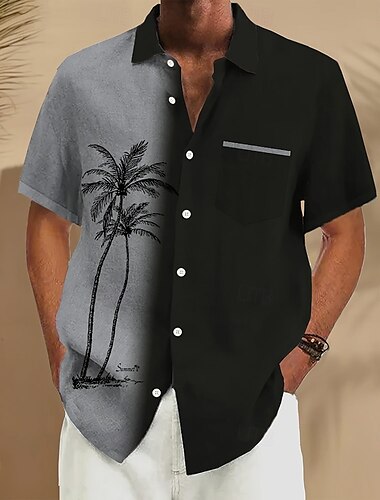  Herren Kokospalme Farbverlauf Hemd Sommer Hawaiihemd Knopfhemd Kurzarm Hawaiianisch Urlaub Ferien Strandbekleidung Sommer Frühling Umlegekragen 3D-Druck Eine Tasche vorne Leinenähnliches Hemd Schwarz