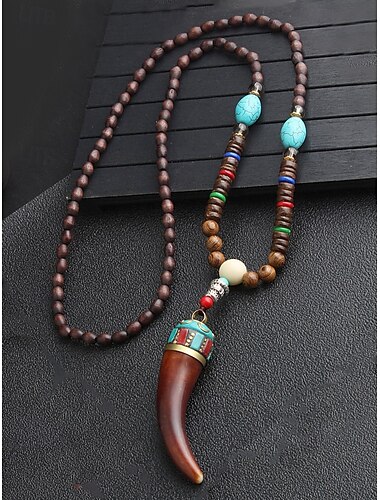  Herren-Tribal-Halskette mit Perlenanhänger – handgefertigte ethnische Holzperlen mit türkisfarbenen Akzenten, Bohème-Stil für Freizeitkleidung, Yoga, Meditation oder Festival-Outfits