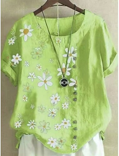  Damen Baumwoll-Leinen-Hemden Blumen Basic Lässig Kurzarm Rundhalsausschnitt Normale Oberteile Täglich Bestickt Marineblau Grün Leicht Blau Sommer Frühling