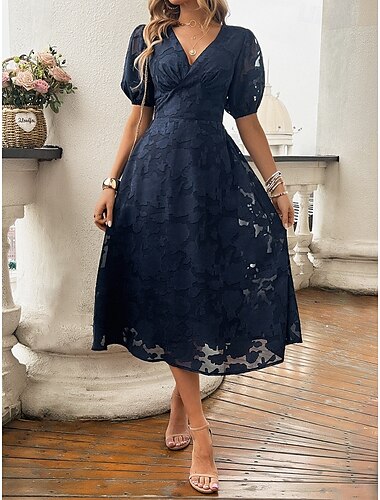  Femmes Robe Midi Robe trapèze Vacances Occasionnel Boho Extérieur Sortir Plage Coupe Ample Couleur Unie manche longue Col en V Noir Rouge Bleu Marron Été Printemps