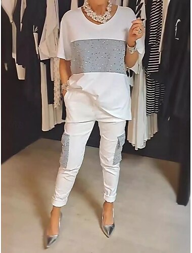  Per donna Moda Streetwear Quotidiano Set di Pantaloni Mezza Manica Girocollo A righe Stampato Casuale Quotidiano Nero Bianco Viola Estate Vestibilità regolare