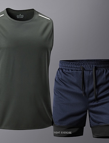  בגדי ריקוד גברים activewear הגדר סט ספורט בגדי ספורט ומנוחה ללא שרוולים רך ייבוש מהיר חדר כושר להתאמן ספורטיבי בגדי ספורט לבוש אקטיבי אחיד שחור אפור כהה כחול כהה
