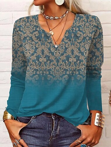  Damen Hemd Bluse Blume Modern Lässig Langarm V Ausschnitt Normale Oberteile Täglich Ausgehen Druck Weiß Rote Blau Orange Sommer