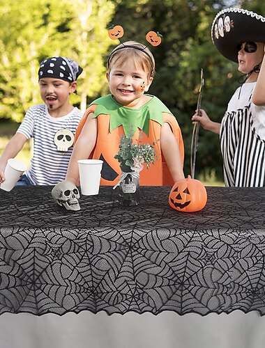  Alloween のクモの巣テーブルクロス レース生地 クモの巣 円形 ゴシック テーブルカバー 不気味な黒レース コウモリ柄 ハロウィンパーティー用装飾アクセサリー