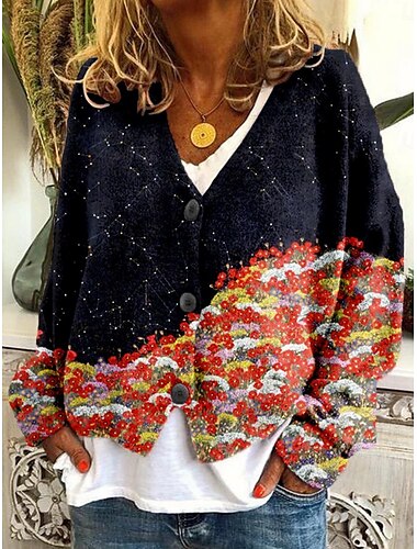  Pentru femei Pulover Bluza Modă Șic Stradă Casual Grafic Geometric Plisat În V Nasturi Tricotat Imprimeu Manșon Lung Topuri obișnuite Tricotat În aer liber Zilnic Sfârșit de săptămână Negru