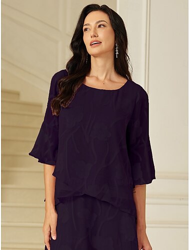  Dames Kanten overhemd Blouse Geklede topjes Chiffon-topjes Effen Kleur Bloemig Bloem Elegant Stijlvol 3/4 mouw Bel Boothals Normale tops Bruiloft gast Werk Dagelijks Asymetrische zoom Aubergine Zomer