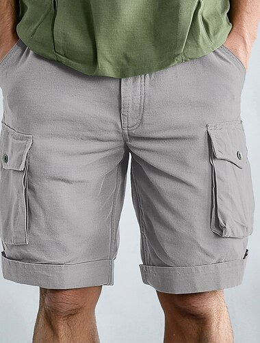  Herren Cargo-Shorts Shorts Leinenshorts Sommershorts Strandshorts Mehrere Taschen Gerader Schnitt Einfach Weich Atmungsaktiv Knielang Lässig Täglich Ferien Urlaub Mode Schwarz Grün Unelastisch