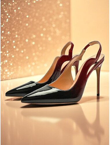  Damen-Slingback-Pumps aus schwarzem und rotem Lackleder mit spitzer Zehenpartie und Stilettoabsatz für das Nachtleben, Clubs und Cocktailpartys
