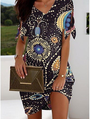  Damen Minikleid Freizeitkleid T-Shirt-Kleid Sommerkleid A Linie Kleid Elegant Vintage Stilvoll Normale Passform Blumen Grafik Kurzarm V Ausschnitt Schwarz Rosa Leicht Braun Sommer