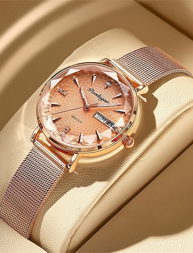  Presente do Dia das Mães para Mulheres Relógio Dourado rosa Pulseira de malha de aço inoxidável Movimento de quartzo japonês Simples À prova d'água Relógio luminoso para senhoras