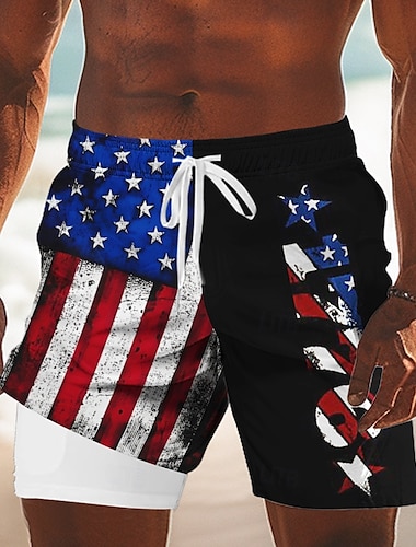  Día de la Independencia Hombre Bandera de EE. UU. Patriótico 1776 Pantalones cortos forrados Bañador 2 en 1 Boxers de Natación Media cintura Festivos Bolsillos laterales con forro de compresión