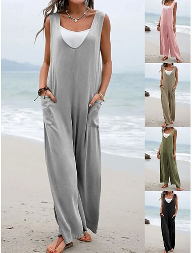  Dam Jumpsuits Aktiv Blommig Ärmlös Brett skaft V-hals Semester Gata Normal Svart Rodnande Rosa Grön Sommar