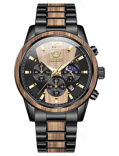  OLEVS 3645 Mens Watch Top Brand Business Original Quartz Watch Solid Wood Multifunctional Chronograph Moon Phase Watch
