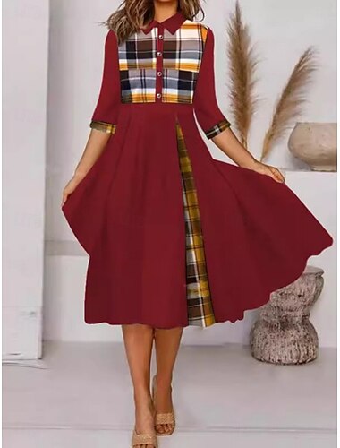  Damen Midikleid A Linie Kleid Lässig Outdoor Ausgehen Standard Passform Karomuster Dreiviertelarm Umlegekragen Schwarz Wein Purpur Orange Sommer Herbst