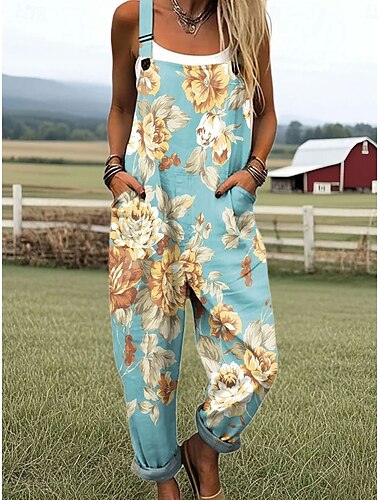  Dam Jumpsuits Aktiv Blommig Ärmlös Rak Semester Dagligen Lös passning Gul Rodnande Rosa Blå Sommar