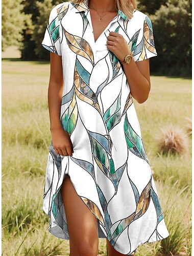 Damen Midikleid Wickelkleid A Linie Kleid Urlaub Lässig Boho Ausgehen Standard Passform Blumen Grafik Kurzarm V Ausschnitt Weiß Grün Khaki Sommer