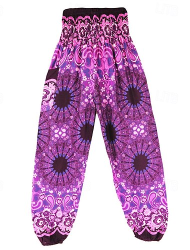  Damen Hosen Hose Lange Unterhosen Lässig Boho Volle Länge Hohe Taille Druck Tasche Elastischer Bund Atmungsaktivität Weich Mikroelastisch Urlaub Straße Alltagskleidung Wein Weiß Blau Gold Sommer