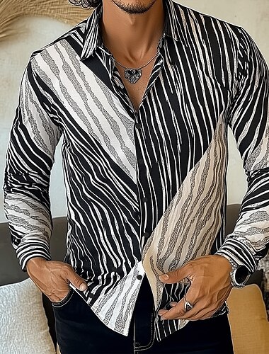  Herren Geometrisch Gestreift Hemd Knopfhemd Lässiges Hemd Langarm Modisch lässig Urlaub Täglich Streetwear Sommer Frühling Umlegekragen 3D-Druck Hemden mit Kragen Schwarz