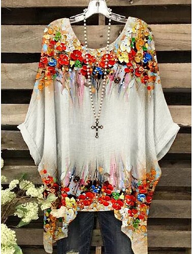  Damen Bluse Grafik Geometrisch Abstrakt Vintage Täglich Lässig Halbarm Fledermaus Ärmel Rundhalsausschnitt Normale Oberteile Täglich Ferien Strandbekleidung Asymmetrisch Weiß Gelb Rote Sommer Frühling