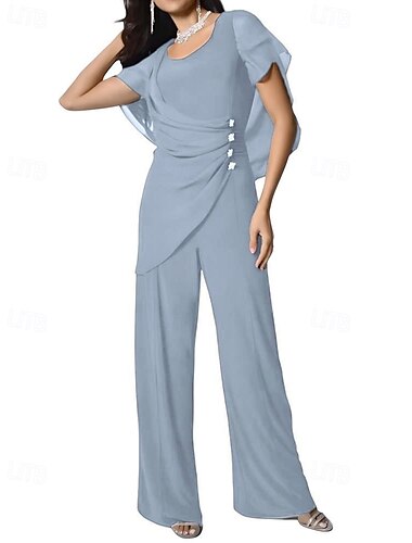 Cape-Overall/Hosenanzug, Kleid für die Mutter der Braut, elegant, schlicht, minimalistisch, Rundhalsausschnitt, bodenlang, Chiffon, kurze Ärmel, mit Kristallknöpfen 2025