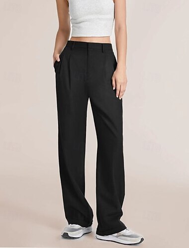  Damen Weites Bein Stoffhosen Streetwear Lässig Volle Länge Natürliche Taille Einfach Tasche Elastischer Bund Bequem Außenbereich Urlaub Ausgehen Marineblau Aprikose Grau Schwarz Herbst Normale