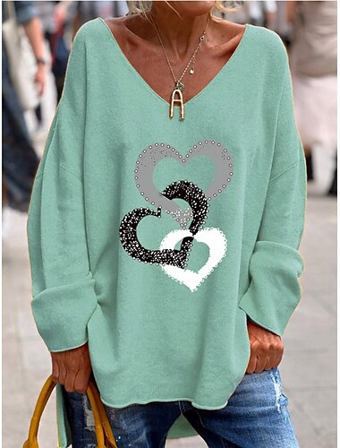  Damen Bluse Herz Stilvoll Lässig Langarm V Ausschnitt Normale Oberteile Täglich Druck Schwarz Weiß Rosa Orange Grün Sommer Frühling Herbst
