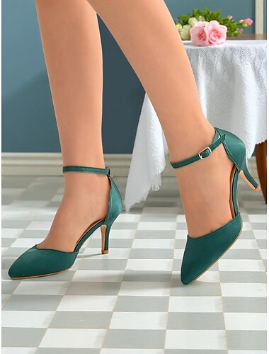  Grüne Satin-High-Heels mit spitzer Spitze und Knöchelriemen für Damen – elegante Stiletto-Schuhe im klassischen 50er-Jahre-Stil für Hochzeiten, formelle Anlässe und Abendpartys