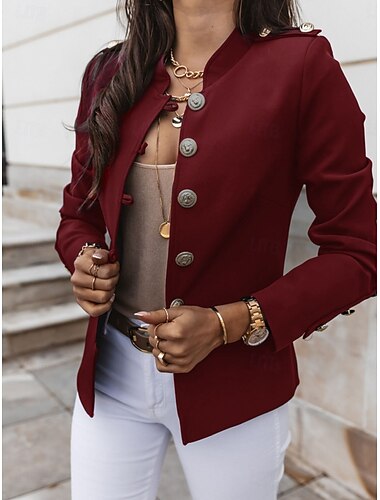  Damen Blazer Atmungsaktiv Bequem Tasche Lässig Einfach Büro Straße Lässig Alltagskleidung Einreihig Kurz Stehkragen Normale Passform Langarm Oberbekleidung Schwarz Weiß Wein Sommer