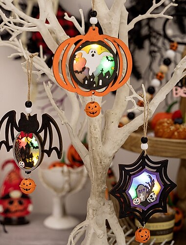  3 adornos colgantes de madera con luces LED para Halloween, letreros de calabaza y araña aterradores para decoración de pared de Halloween y ambiente de fiesta.