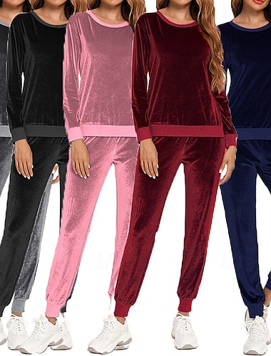  Damskie Dres Spodnie dresowe Athleisure Jesień Długi rękaw Welur Odporność na wiatr Siłownia Trening Sportowy Odzież sportowa Odzież sportowa Solidne kolory Czarny Różowy Szary