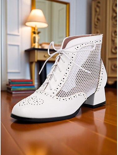  Damen-Oxford-Stiefel aus weißem Mesh im Edwardian-Stil der 1910er Jahre – Vintage-Tanzschuhe mit Schnürung, Cut-out-Design und klobigen Absätzen für Sommer-Jazzpartys und Retro-Kostüme