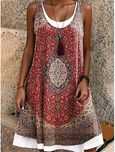  Damen Minikleid T-Shirt-Kleid Sommerkleid A Linie Kleid Urlaub Lässig Boho Täglich Lässiger Schnitt Blumen Grafik Paisley-Muster Ärmellos U-Ausschnitt Gelb Rote Sommer Frühling
