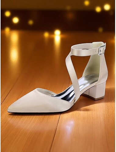  Zapatos de vestir de satén color champán con tacones de bloque para mujer: zapatos de vestir con punta puntiaguda y tiras cruzadas con hebilla en el tobillo para cócteles y veladas semiformales.
